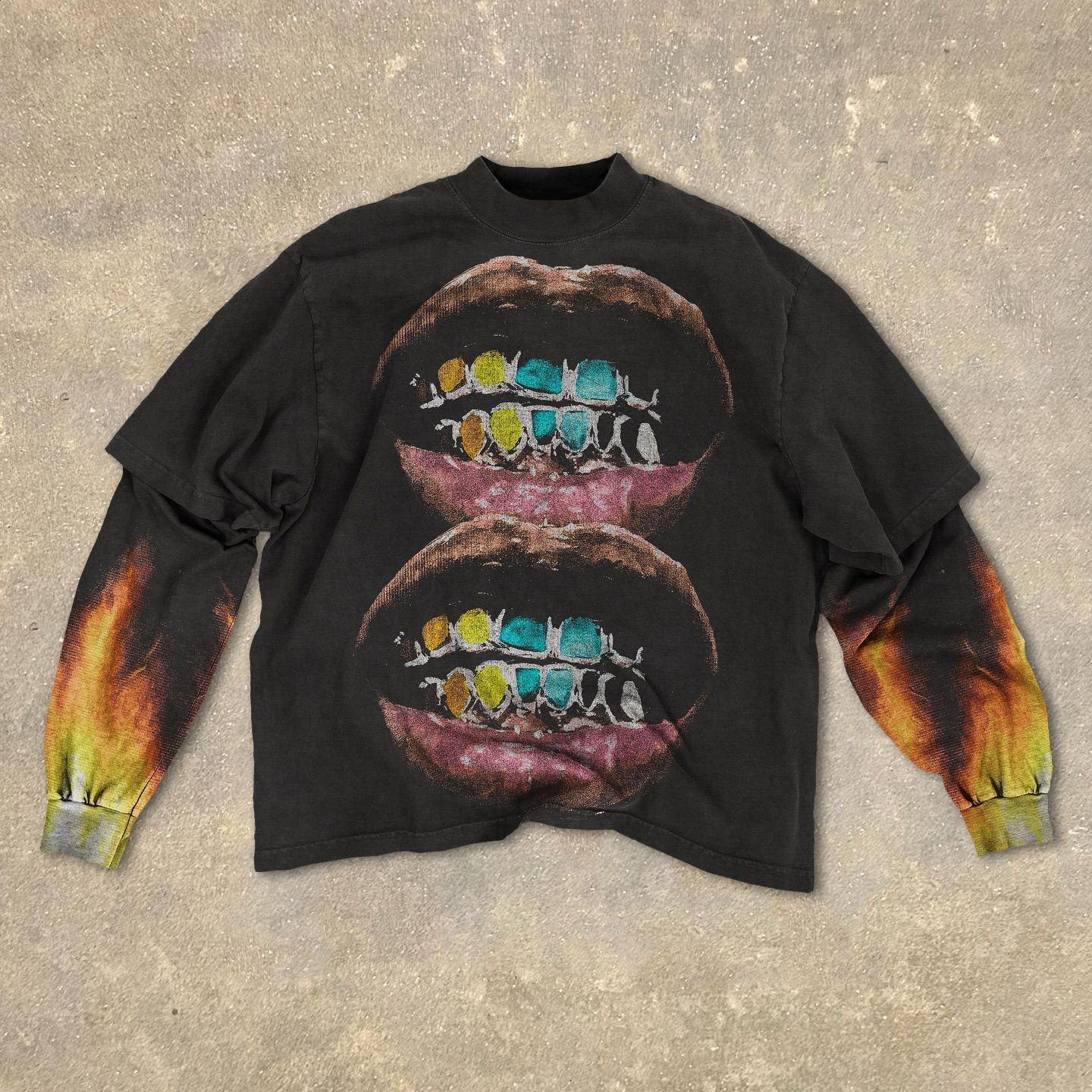 Streetwear Double Layer Long Sleeve Round Neck Pullover Y2k Clothes Hip Hop Goth Diamond Letter Print Leisure Sweatshirt 250226