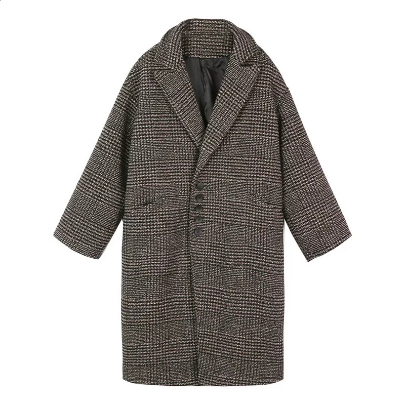 Women Oversize Long Wool Coat Plaid Loose Double Breasted Fashion Female Spring Autumn Outerwear Jackets Trench Coats WJ110 211118