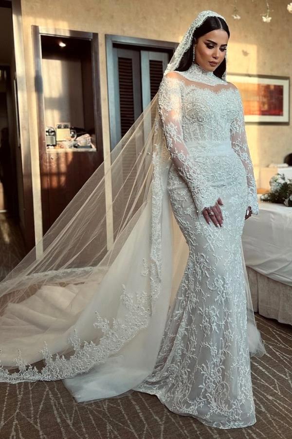 Arabic Dubai Vintage Lace Mermaid Wedding Dresses High Neck Long Sleeves Beaded Appliques Bridal Gowns Custom Made Robes De Mariage Bc20273 B0312
