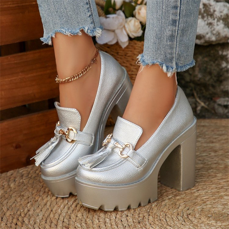 2025 Summer Leather Comfortable Spring Autumn Waterproof Platform Chunky Heel New High Heels Women's Single Shoes Large Size ddmymoon