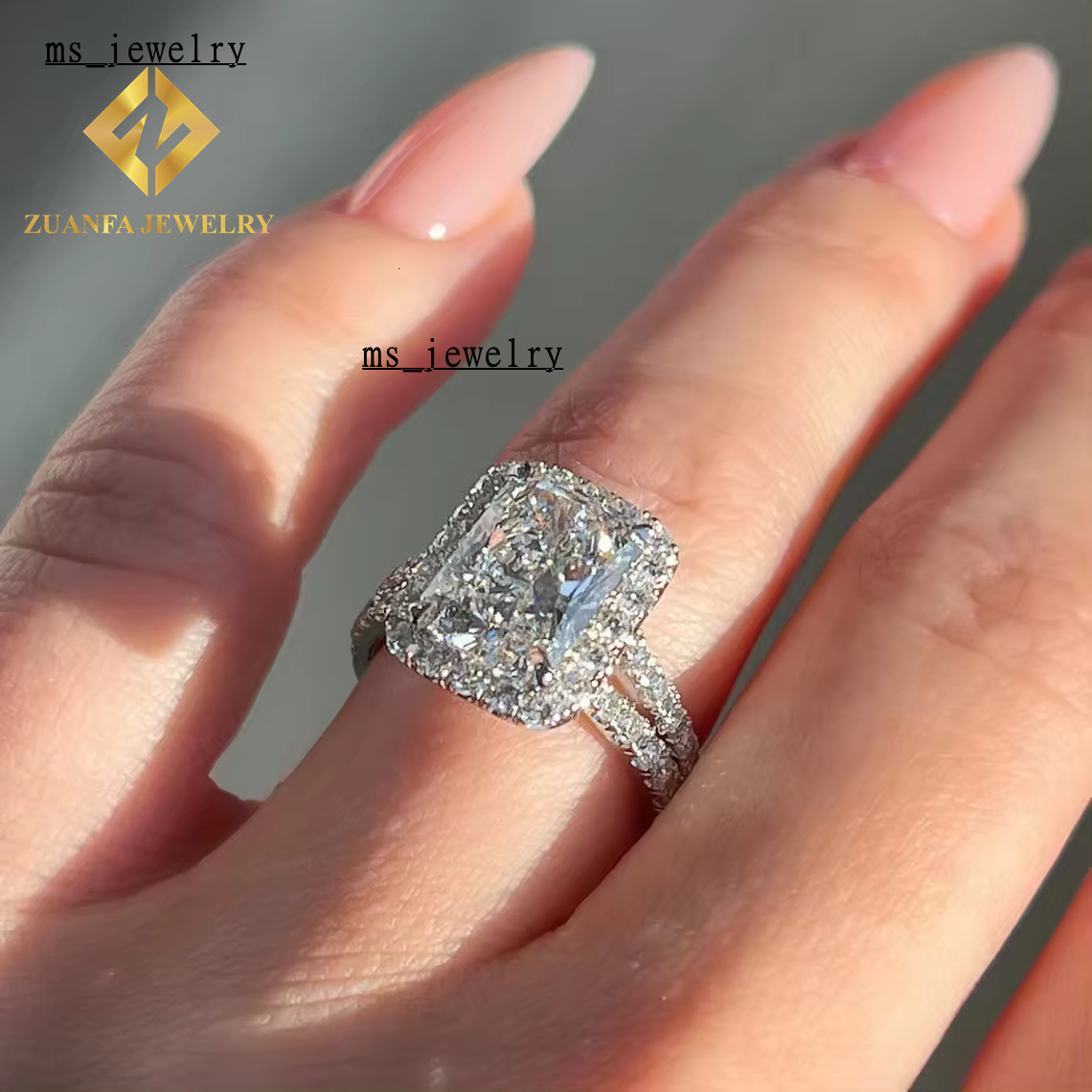 Custom 3ct Radiant Lab Grown Cultivated Diamond Ring 14K White Gold Fine Jewelry Hola Engagement Wedding Moissanite RingA