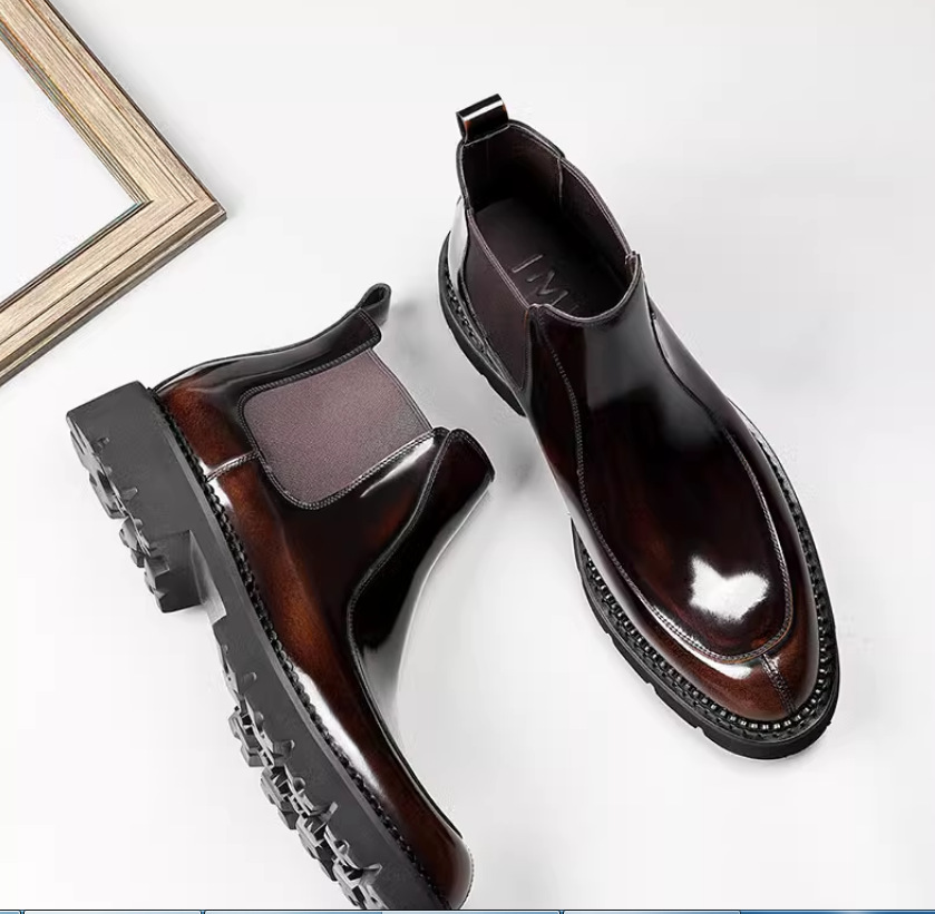 Chelsea boots men's high top leather shoes thick sole Italian handmade open-edge leather British business boots men's shiny face