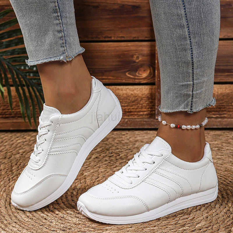 Womens Lightweight Casual Sneakers White PU Leather Comfort Sports Shoes for Women Lace Up Breathable Running Shoes Plus Size M250818 - view 4