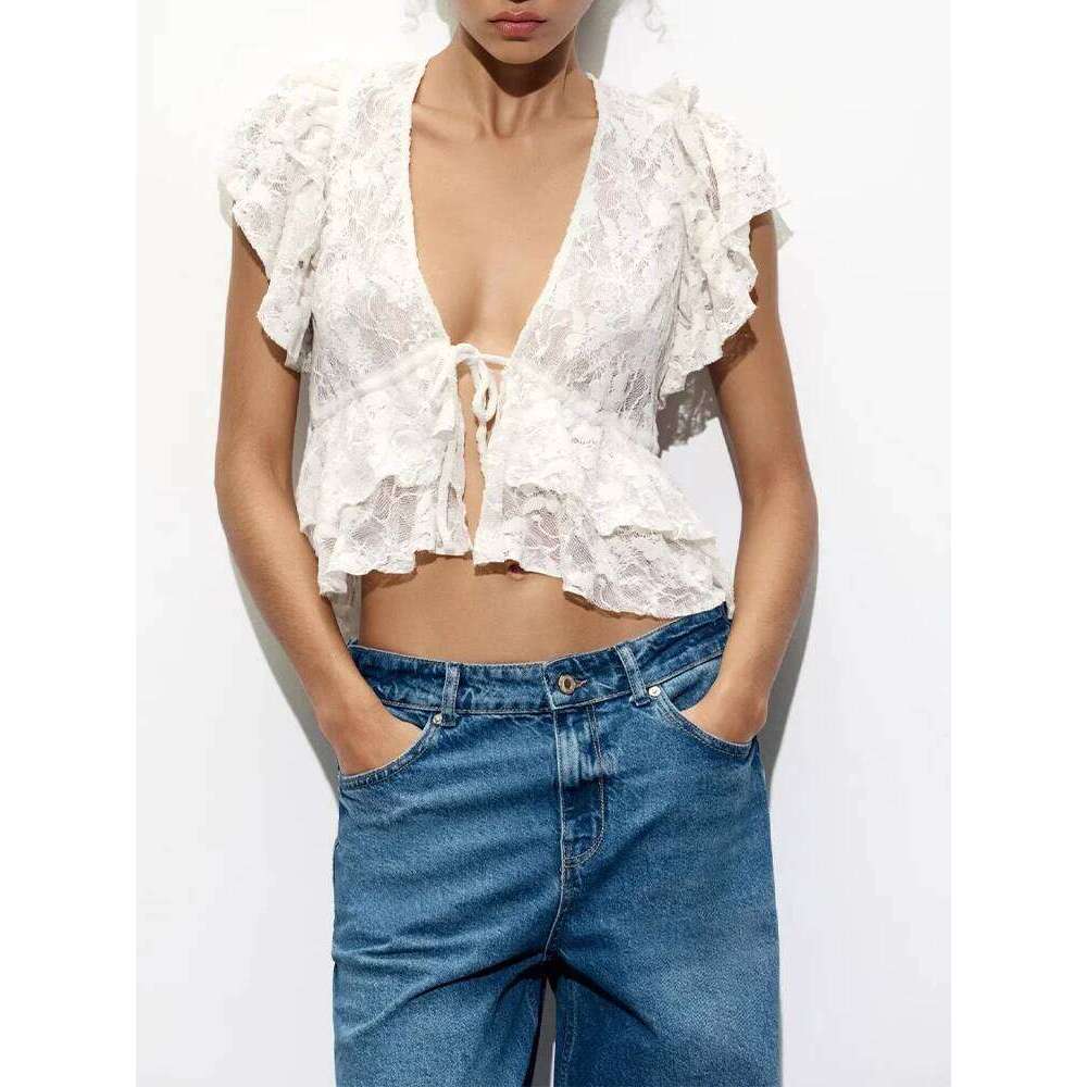 hoodie Spring And Summer New Arrival Women's Clothing Sweet Style Layered Decorative Bow Lace V-Neck Short-Sleeved Jacket jacket