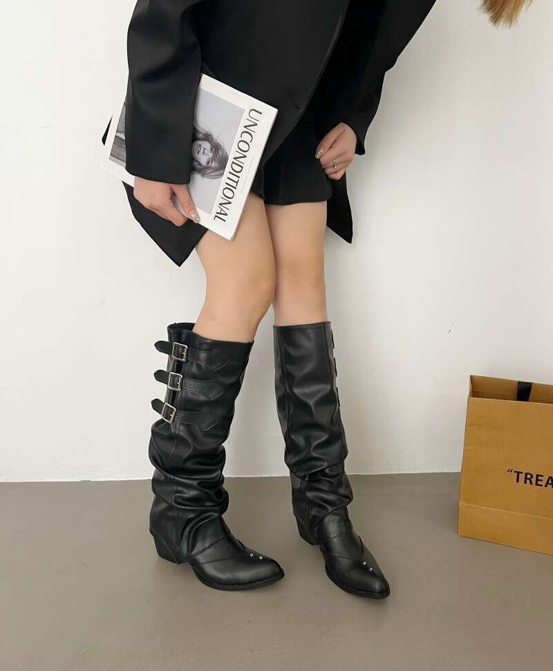 Pleated Slouchy Long for Women Western Chunky Heel Over-the-Knee Belt Buckle Tube Boots