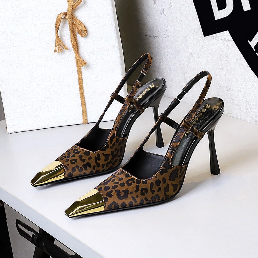 designer heels European and American style banquet high heels thin heels leopard print back void metal pointed toe back loop high-heeled single shoes for women 34-40