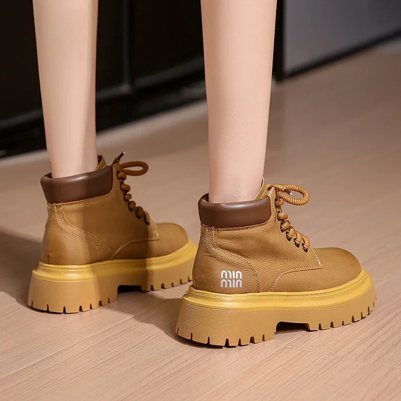 6CM Women Thick Heels Ankle Boots Lace Up Black Chunky Boots Winter Leather Boots Woman Platform Punk Shoes High Heels 250814