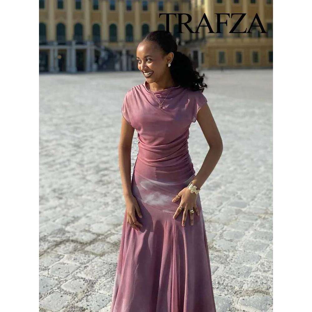 hoodie TRAFZA Women's New Fashion Slim A-Line Dresses Solid O-Neck Sleeveless Folds Female Summer Chic Beach Style Long Dress 3 Color jacket