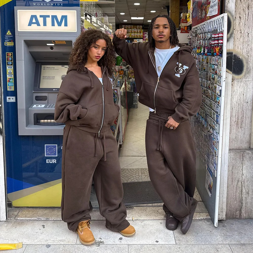 European and American y2k street trend ins long sleeved pullover hoodie sweatshirt sweatpants set retro printed jacket 250818