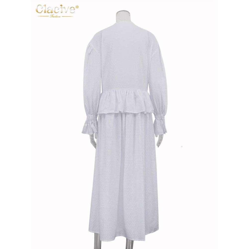 hoodie Clacive Fashion Loose White Cotton Women Casual Long Sleeve Ankle Length Dresses Elegant Classic Ruffle Female Dress jacket