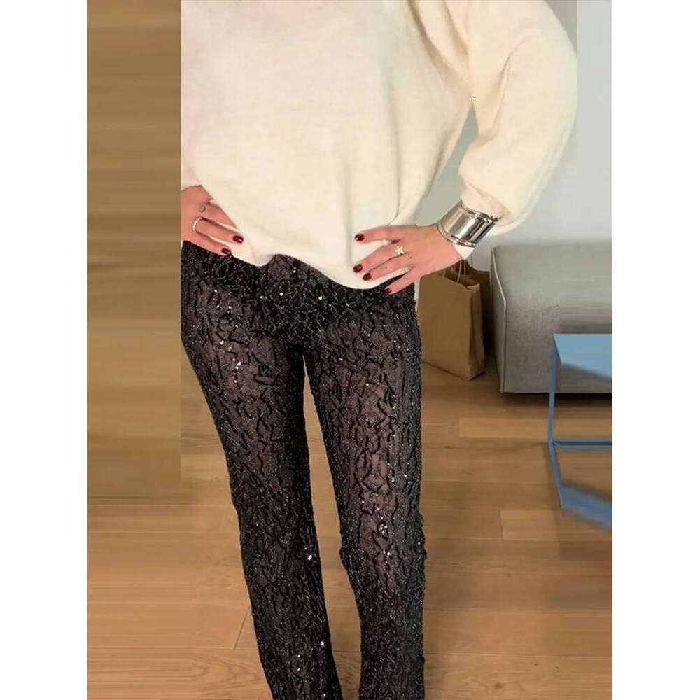hoodie Sexy Sequin Beading See Through Pants Women Black Thin Slim High Waist Flare Trousers Summer Y2k Street Party Club Pant New jacket