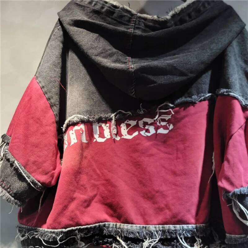 hoodie WTHT Vintage Women's Spliced Contrast Color Burr Edge Hooded Denim T-Shirt Fashion Short Sleeve Tops Female Summer 1Ls1574 jacket