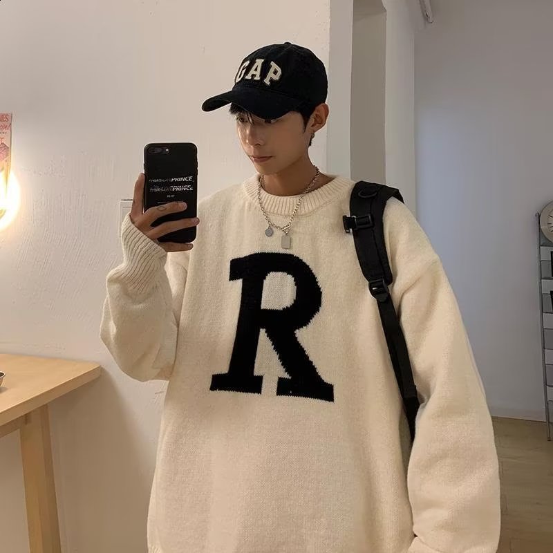 fw RAF SIMONS Outline Line Beige Figure Round Neck Sweater For Men Women Quality Knit Casual Sweatshirts 240813
