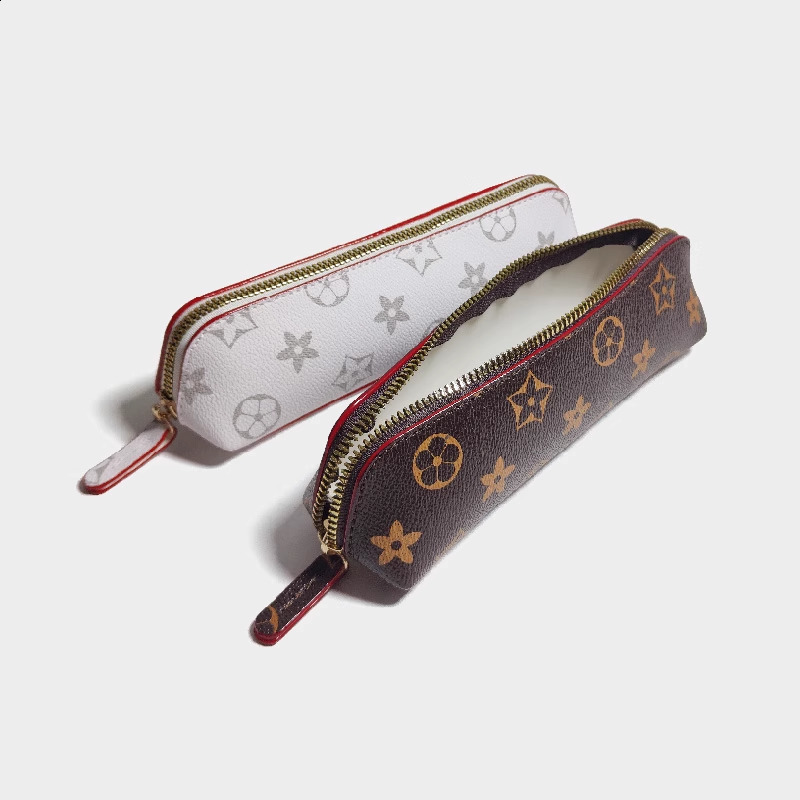Simple Printed Pattern Brown Classic Vintage Leather Pencil Case Large Capacity Pencil Bag Bun Style 250818