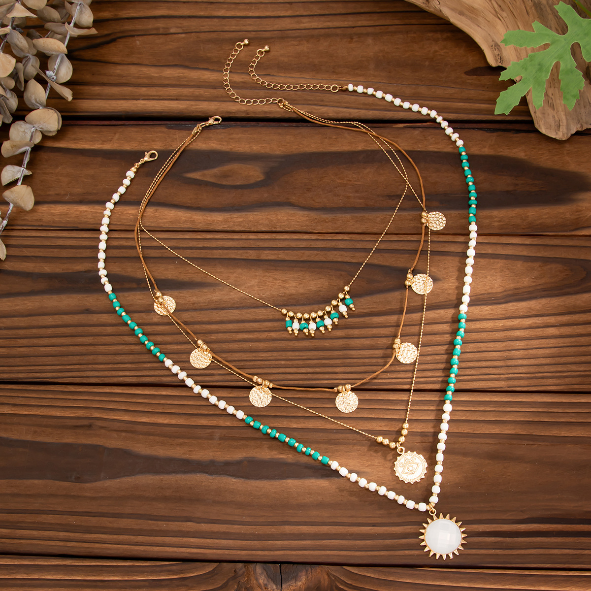 2025 Boho Rice Bead Choker Necklace Matte Copper Chain Round Pendant European Bohemian Layered Collar Jewelry