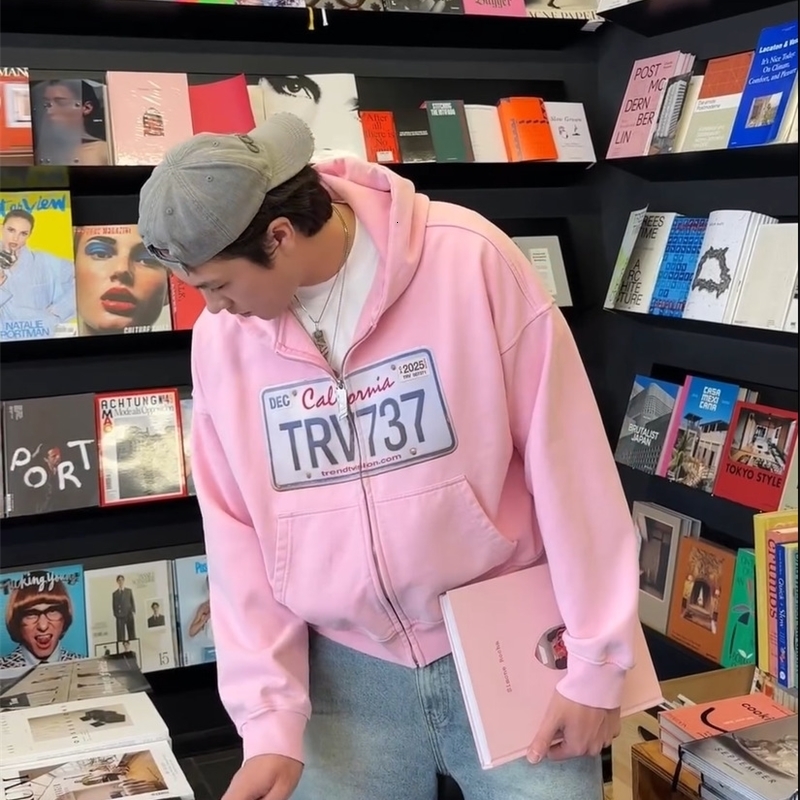 Mens Pink Zip Up Hoodie Personalized Custom License Plate n Streetwear Style Youth Versatile Unique Comfortable Pullover 250815