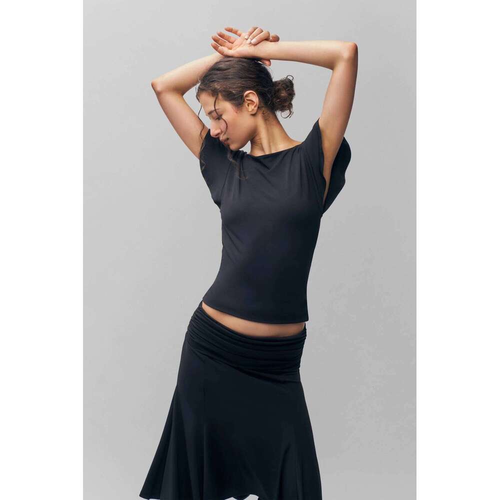 hoodie Guiz Black One-Line Collar Backless Top Slimming Look And Versatile Women's Summer Short-Sleeved Double Layer Will Not See Through jacket