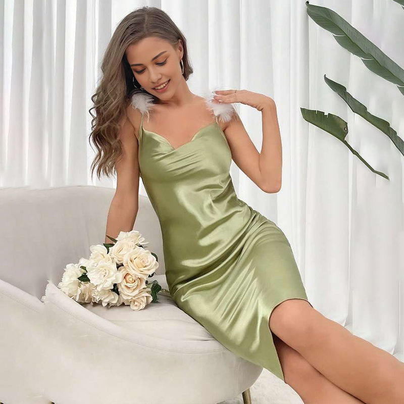 2025 Women's Spring/Summer Silk Satin Feather Patchwork Sexy Solid Color Strapless Nightgown Homewear