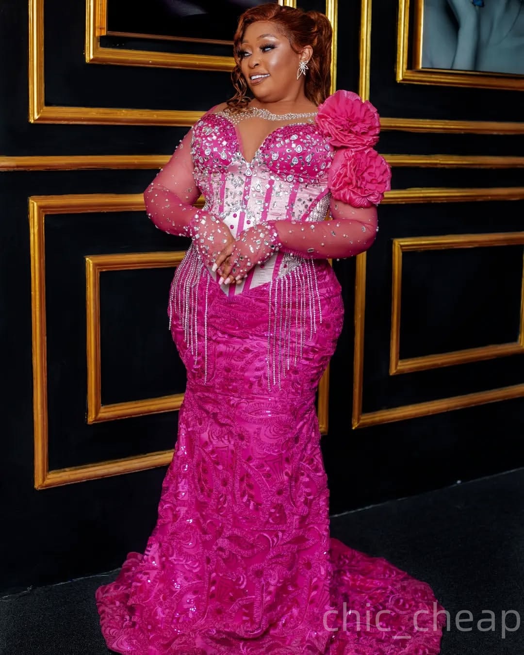 Aso Ebi Fuchsia Mermaid Prom Dresses 2025 Crystals Flowers Tassels Lace Evening Formal Party Second Birthday Engagement Gowns Plus Size Dress For Spec