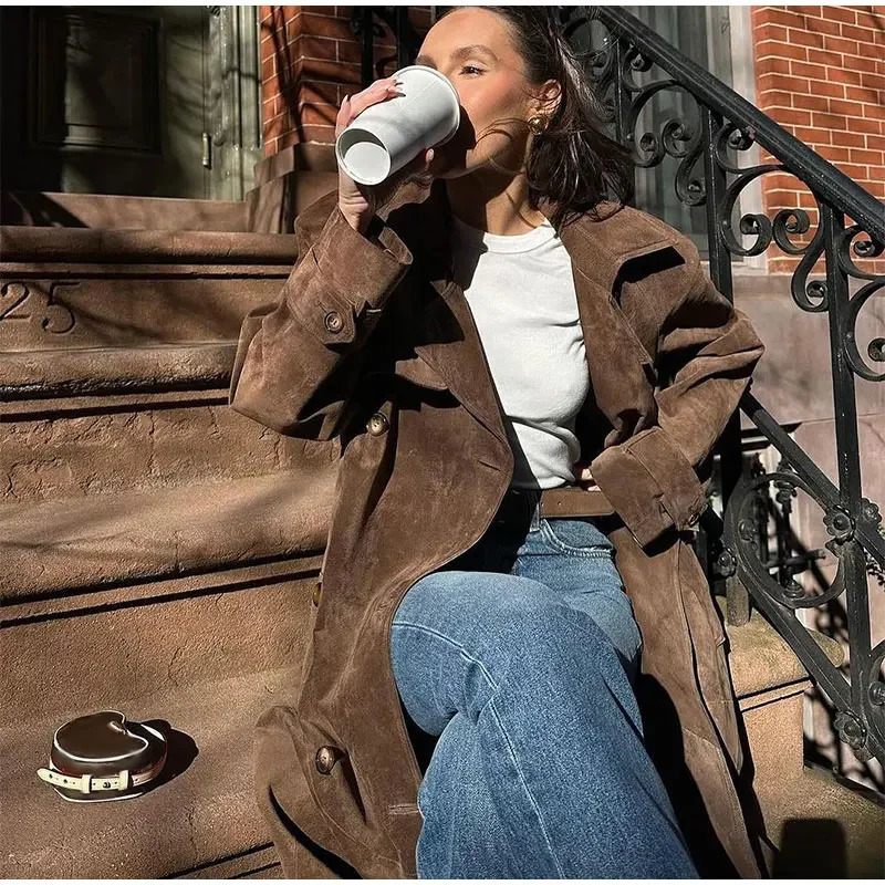 2025 Autumn Winter Elegant Suede Leather Belt Long Trench Brown Coat Fashion Warm Double Button Jacket High Quality Streetwear 250818