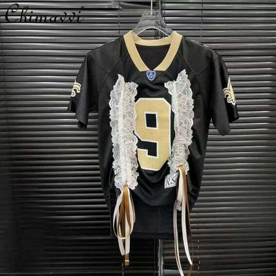 hoodie Summer Fashion V-Neck Mesh Ing Lace Drawstring Bow Short Sleeve Jersey T-Shirt For Women Cool Top Tees jacket