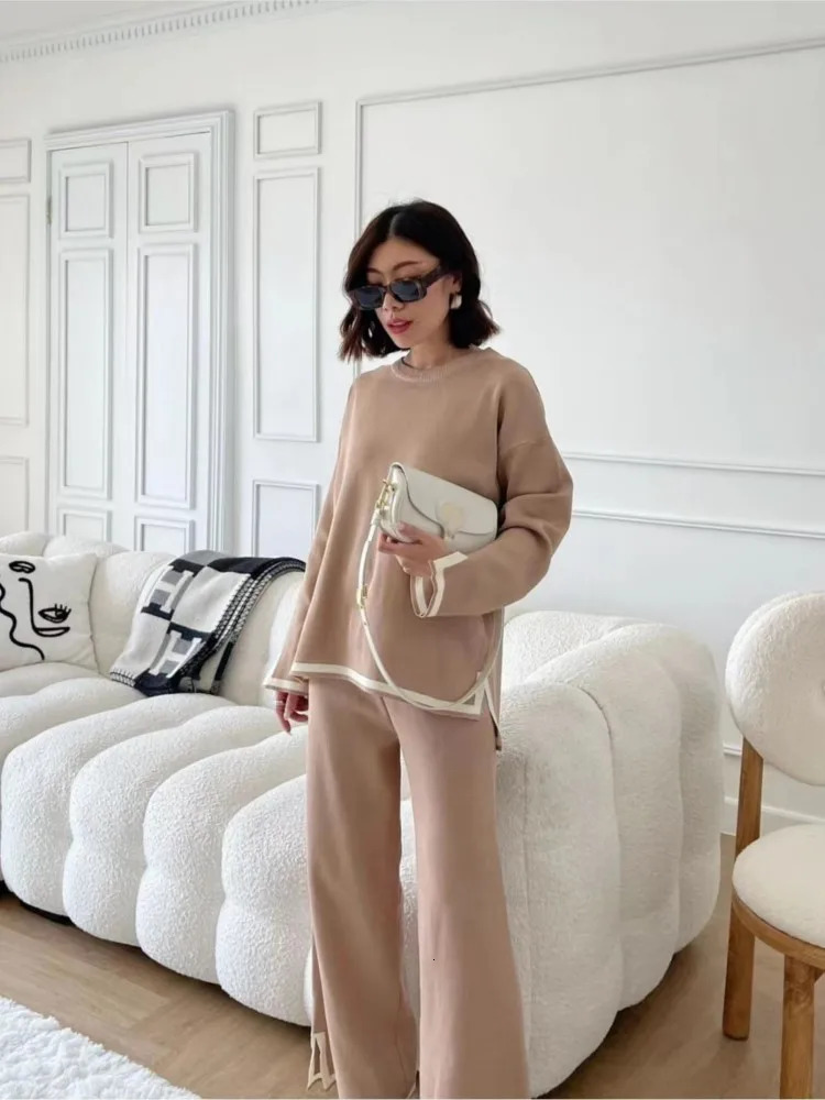 Fashion Color Matching Knitted Pant Sets Women Loose Long Sleeve Knitting Sweater Slit Wide Legs Trousers Two Piece Set Female 250818