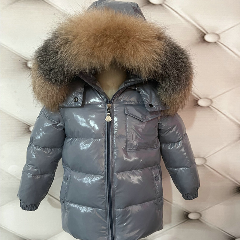 Childrens Winter Down Jacket Shiny Natural Fur Collar Childrens Boys Hooded Coat Baby Girls Warm Snow Clothes Childrens Park 241024