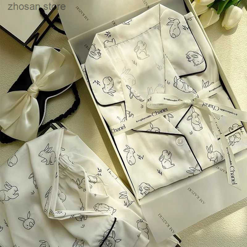 New Little White Rabbit Cute Cartoon Spring and Autumn Cardigan Pajamas Thin Casual Satin Silk Long Slve Chic Womens Homewear S250818