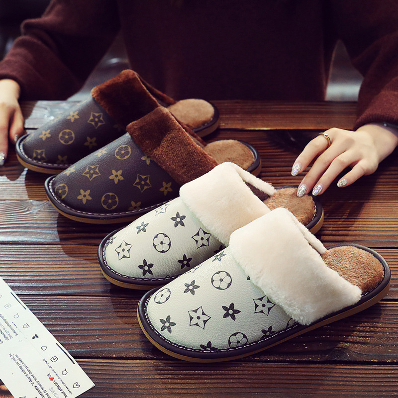 Free Shipping Luxury Winter Couple's Slippers - Genuine Leather Nordic Style w/ Plush Fleece Lining - Non-Slip & Quiet Indoor Shoes for Home Men 
