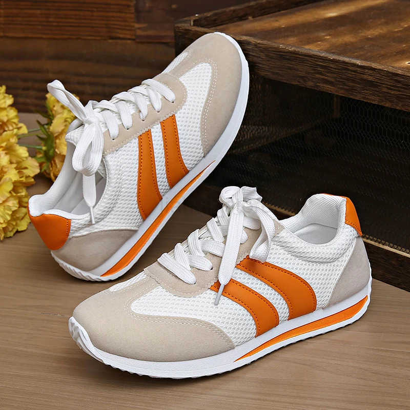 Womens Lightweight Fashion Sneakers Comfort Non Slip Casual Sports Shoes Woman Orange Striped Mesh Breathable Platform Sneakers M250818