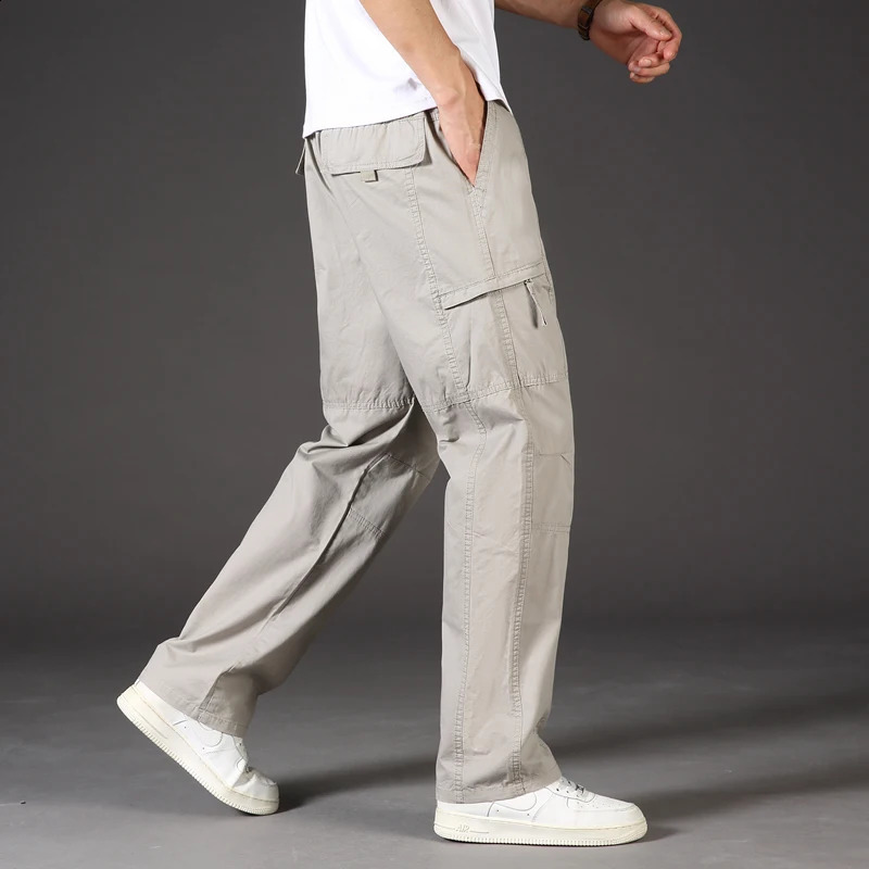 Classic Man Casual Cargo Pants Zipper Pockets Big and Tall Sports Outdoor Outfits Khaki Grey Mens Trousers 250815