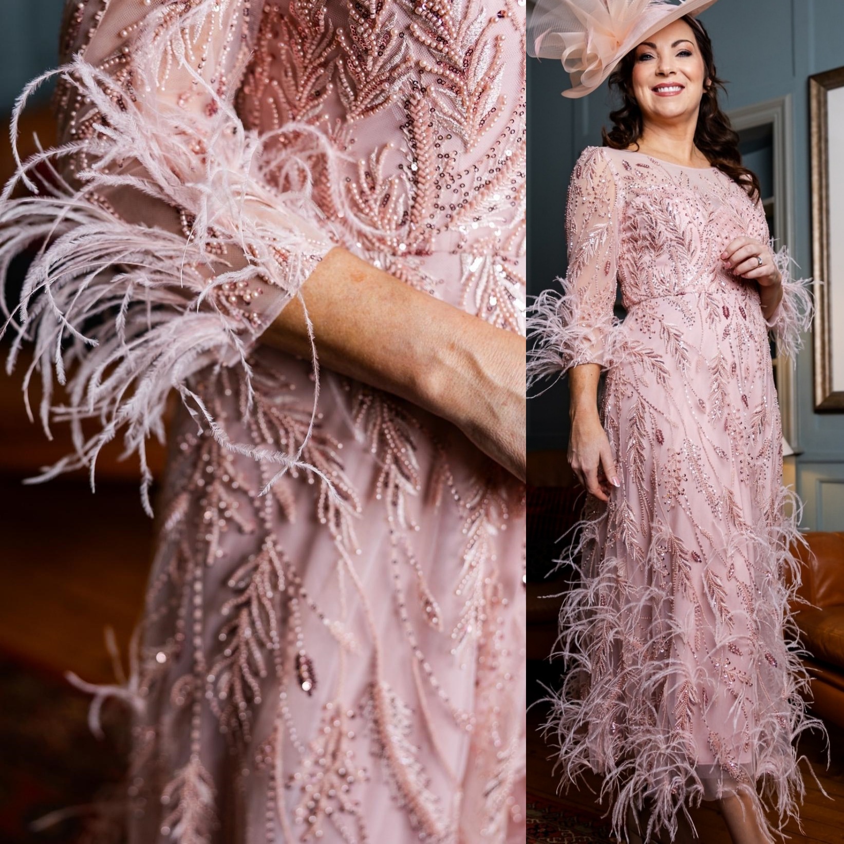 2025 Plus Size Blush Pink A-line Mother Of Bride Dresses Feather Sequined Lace Vintage Evening Party Mama's Dress Vintage Birthday Wedding Guest 