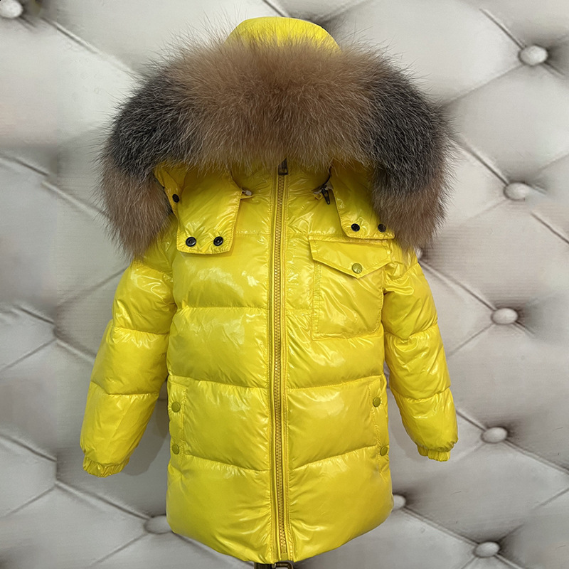 Childrens Winter Down Jacket Shiny Natural Fur Collar Childrens Boys Hooded Coat Baby Girls Warm Snow Clothes Childrens Park 241024