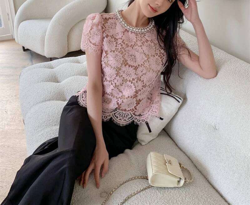 hoodie New Pink Floral Eyelash Lace Women Pearl Decoration Short Sleeve Round Neck Lady Pullover Tops With Lining jacket