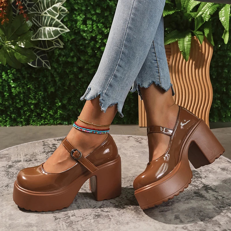 Lolita Shoes Woman Patent Leather Super High Heels Ankle Strap Pumps Women Pink Plus Size 42 Chunky Platform Heeled Shoes Woman 250815