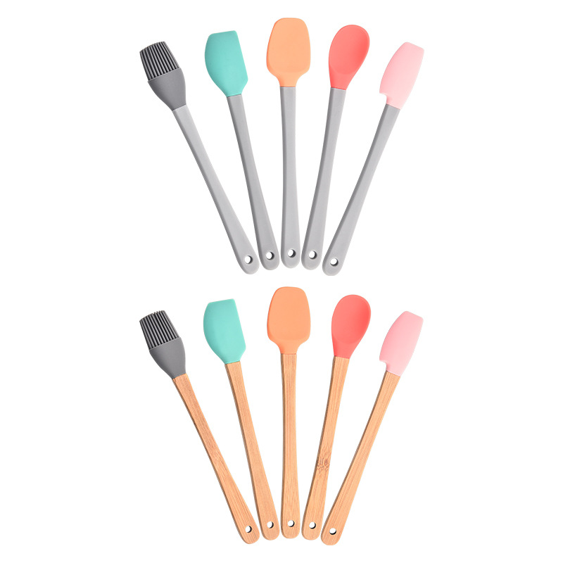 Mini Colorful Baking Tools Set with Silicone Handles - Children's Wood Spatulas & Oil Brush 5-Piece Silicone Toolset for Scraping, Spreading, Pai