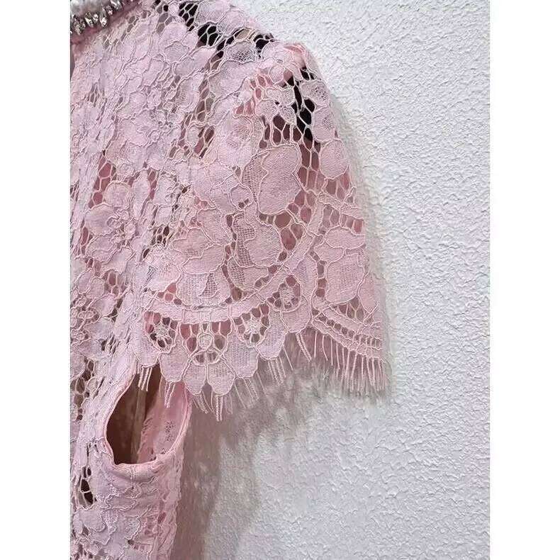 hoodie New Pink Floral Eyelash Lace Women Pearl Decoration Short Sleeve Round Neck Lady Pullover Tops With Lining jacket