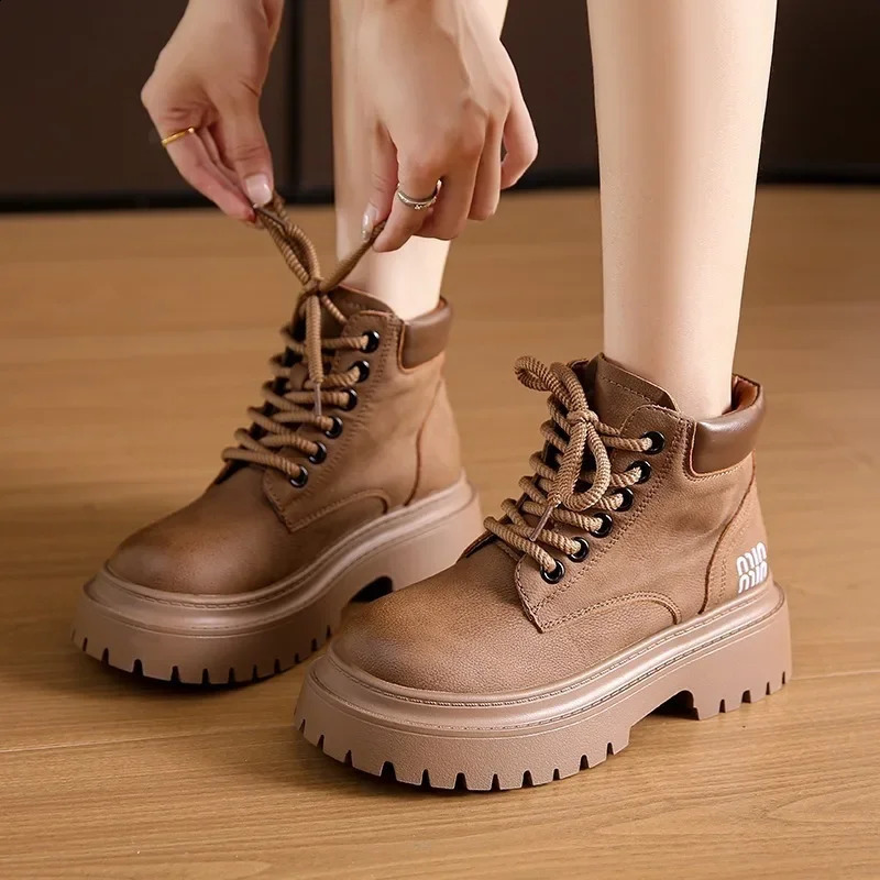 6CM Women Thick Heels Ankle Boots Lace Up Black Chunky Boots Winter Leather Boots Woman Platform Punk Shoes High Heels 250814