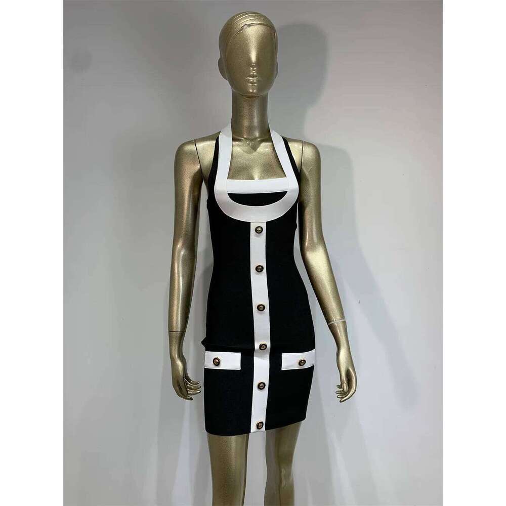 Women High Street Black White Bordure Single Breasted Halter Bodycon Mini Bandage Dress Soft And Comfortable Daily Dresses