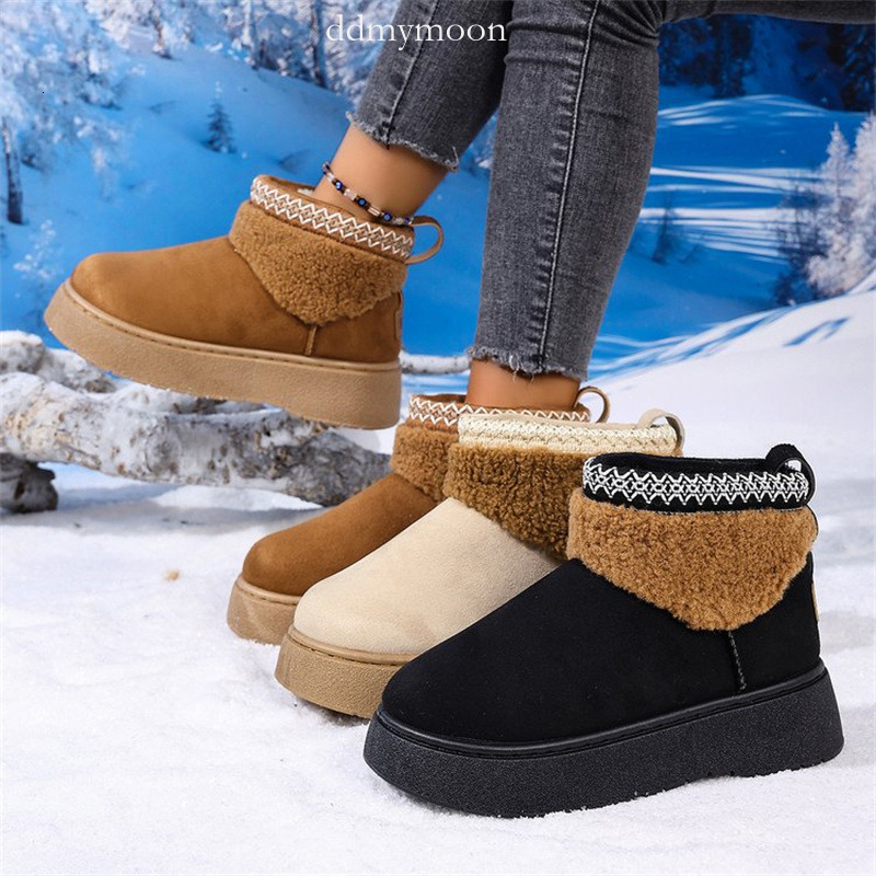 New Style Boots for Women, Fleece-Lined, Warm, Ethnic Style, Fashionable, Casual Winter Snow Lace Cotton Shoes ddmymoon