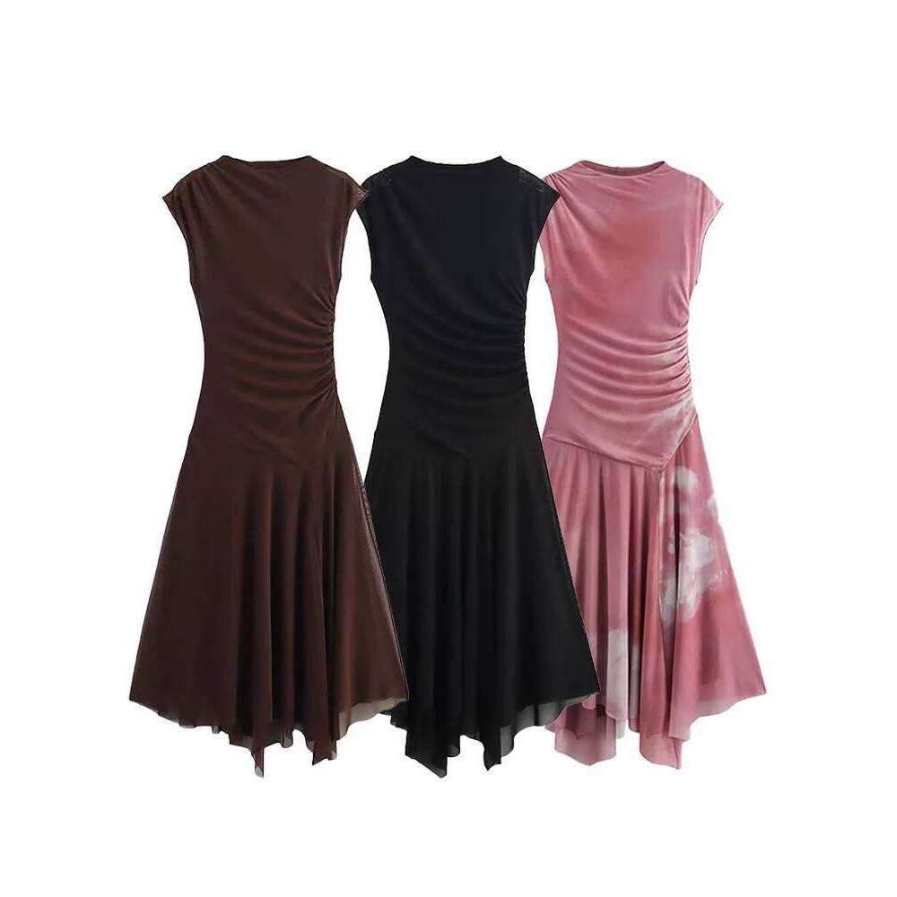 hoodie TRAFZA Women's New Fashion Slim A-Line Dresses Solid O-Neck Sleeveless Folds Female Summer Chic Beach Style Long Dress 3 Color jacket