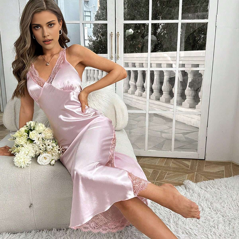 Women's Spring/Summer Silk Satin Sexy Lace Patchwork Backless Slit Strapless Long Dress Nightgown Homewear