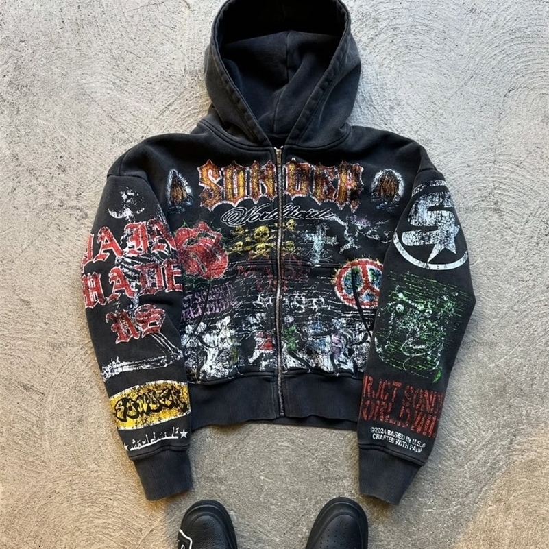 American Retro Skull Graphic Zipper Hoodie Men Gothic Punk Trendy Streetwear Jacket Hip Hop Harajuku Y2K Oversized Sweatshirt 250813