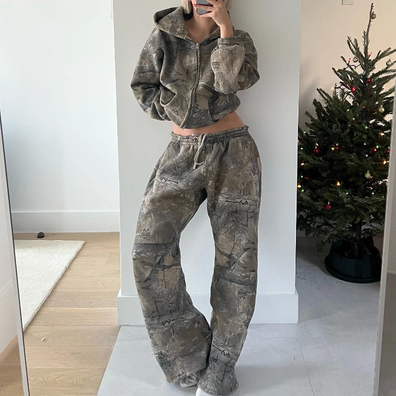2 Pcs Outerwear Coords Y2K Retro Camo Men Zipper Hoodie Camouflage Pattern Streetwear Hip Hop Unisex Oversized Sweatshirt Sets 250818