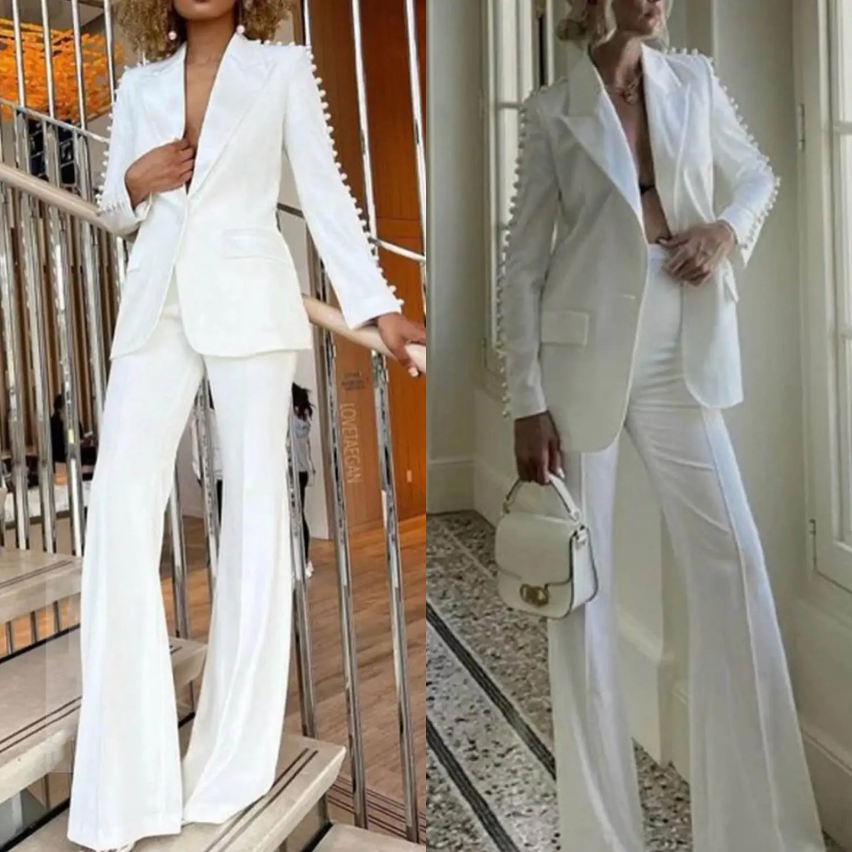 White Women Pants Suits For Wedding Slim Fit Big Pearls Jacket Top Ladies Party Custom Made Prom Party Outfits 2 Pieces