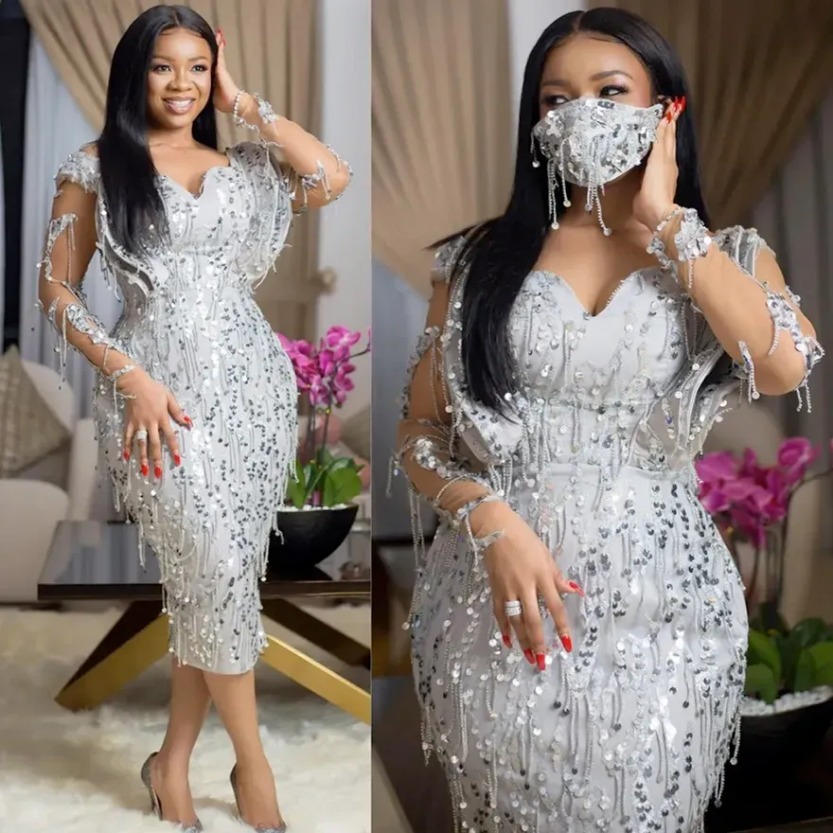 Silver Luxury Nigeria Cocktail Dresses African Arabic T Length Short Prom Dresses Long Sleeves Beading Lace Formal Dress for African Black Women