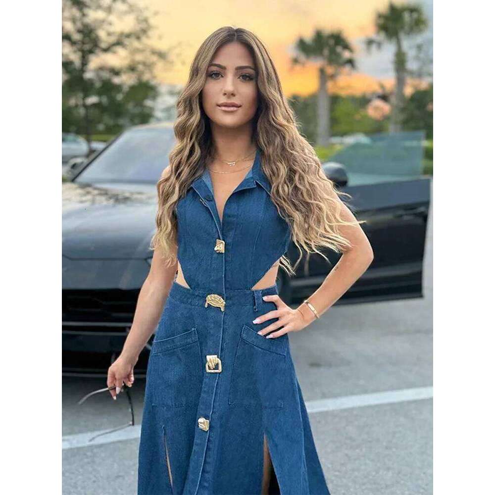 hoodie Denim Hollow Out Split Long Dress Women Sleeveless Lapel Single Breasted High Waist Dresses Summer Street A-Line Lady Robe jacket
