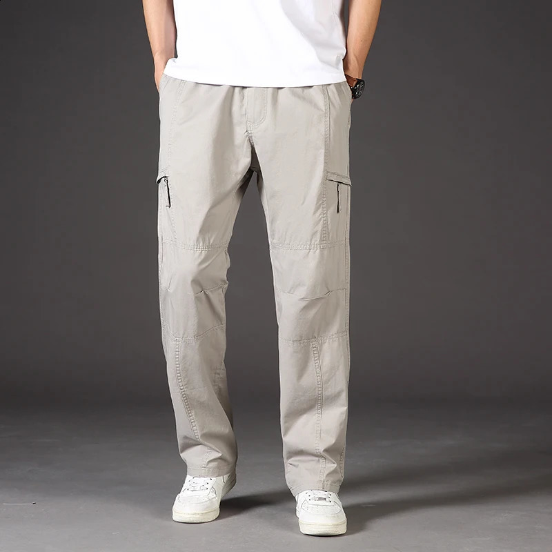 Classic Man Casual Cargo Pants Zipper Pockets Big and Tall Sports Outdoor Outfits Khaki Grey Mens Trousers 250815