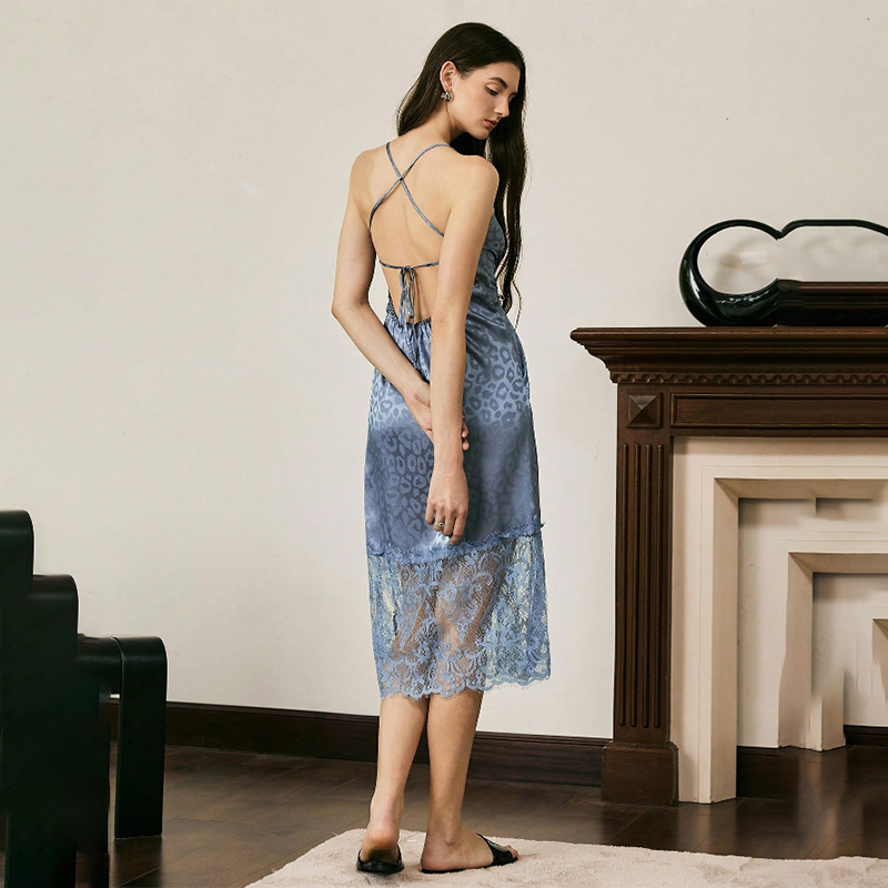 2025 New Women's Spring/Summer Silk Satin Leopard Print Sexy Backless Lace Patchwork Strapless Dress Nightgown Homewear