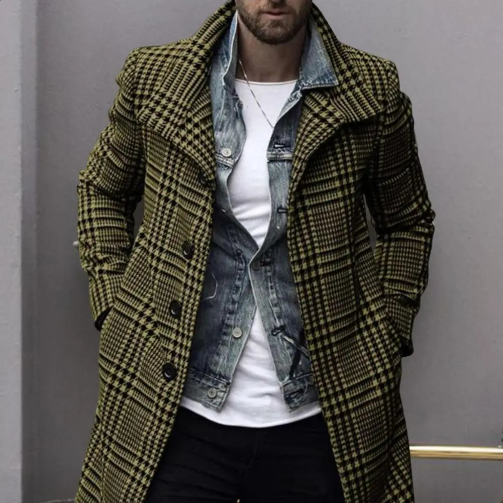 Men Windbreaker Washable Checkered Single Breasted Medium Length Super Soft Trench Coat For Daily Wear 250808